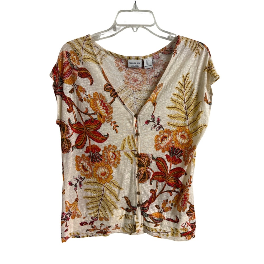 Rachel Zoe Floral Linen Blend Button Front V-Neck Pintuck Hem Top Cream Large